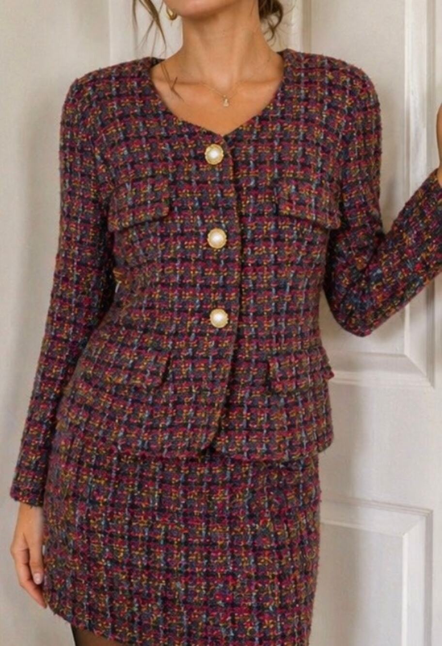 Vintage Tweed Skirt Suit Set Boucle Academia 90s Size 6